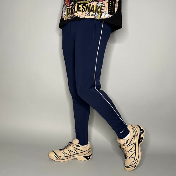 Vintage Nike Sweatpants Navy Blue Polyester Joggers White Swoosh Running Y2K - Picture 1 of 4